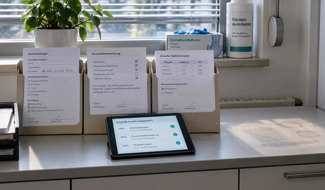 Ablagebord unter dem Fenster eines Sprechzimmers am Morgen: drei vorab ausgefüllte und unterschriebene Bögen in Kartonfächern, Anamnesebogen, Einverständniserklärung und Medikationsplan, davor ein Tablet mit denselben drei Vorgängen als vorab eingegangen, rechts eine leere Fläche mit Staubrändern