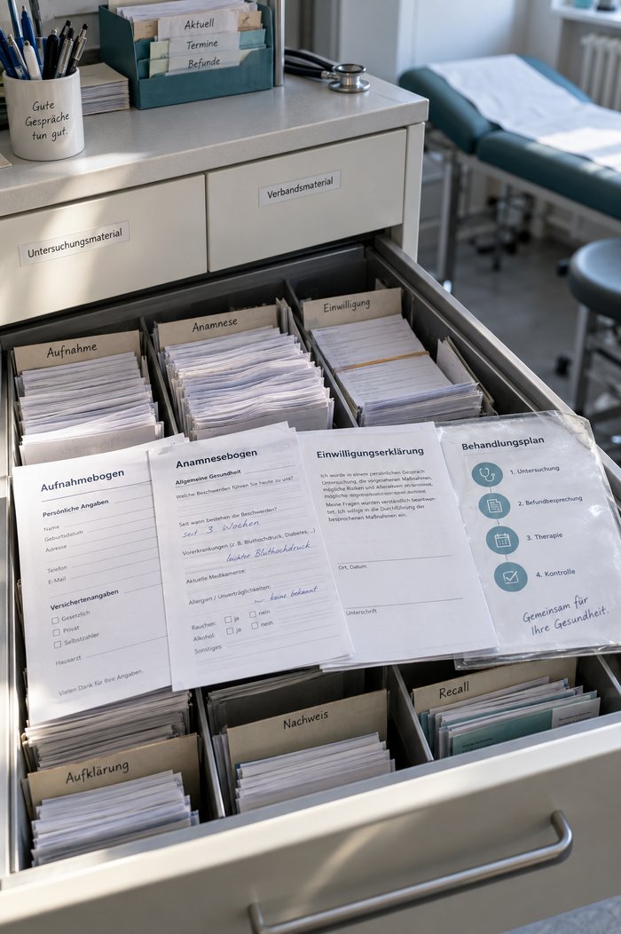 Weit herausgezogene Formularschublade im Sprechzimmer mit beschrifteten Fächern von Aufnahme bis Recall, obenauf gefächert ein Aufnahmebogen, ein handschriftlich ausgefüllter Anamnesebogen, eine Einwilligungserklärung und ein laminierter Behandlungsplan, dahinter Stifte, ein Stethoskop und die Untersuchungsliege