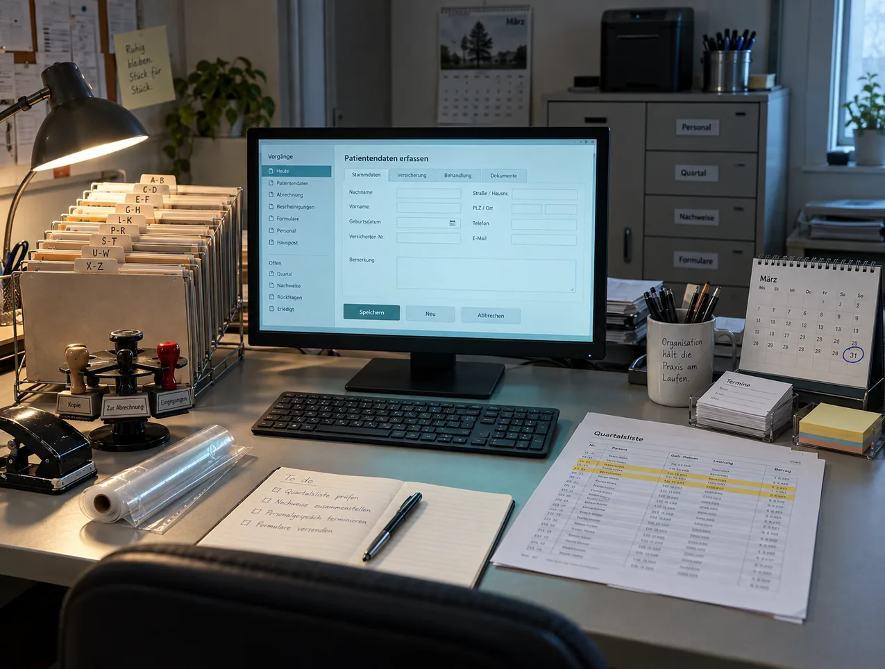 Schreibtisch der Praxisleitung im Backoffice: auf dem Bildschirm die Maske Patientendaten erfassen mit Vorgangsliste, links ein Drahtbock mit alphabetisch beschrifteten Karteitaschen und ein Stempelkarussell, rechts die ausgedruckte Quartalsliste mit gelb markierten Zeilen und ein Tischkalender mit eingekreistem Quartalsende