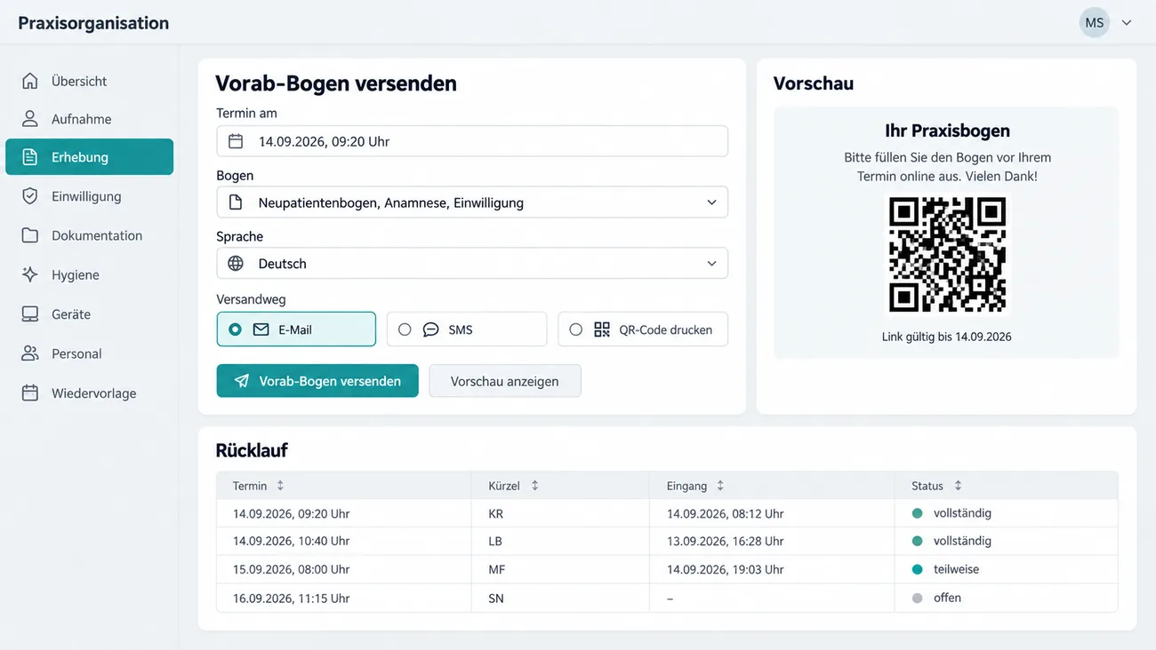 Maske: Versand des Vorab-Bogens zur Terminbestätigung mit Termin, Auswahl der Bögen, Sprache und Versandweg per E-Mail, SMS oder QR-Code, einer Vorschau mit QR-Code und befristetem Link sowie der Rücklauftabelle mit Eingang und Status