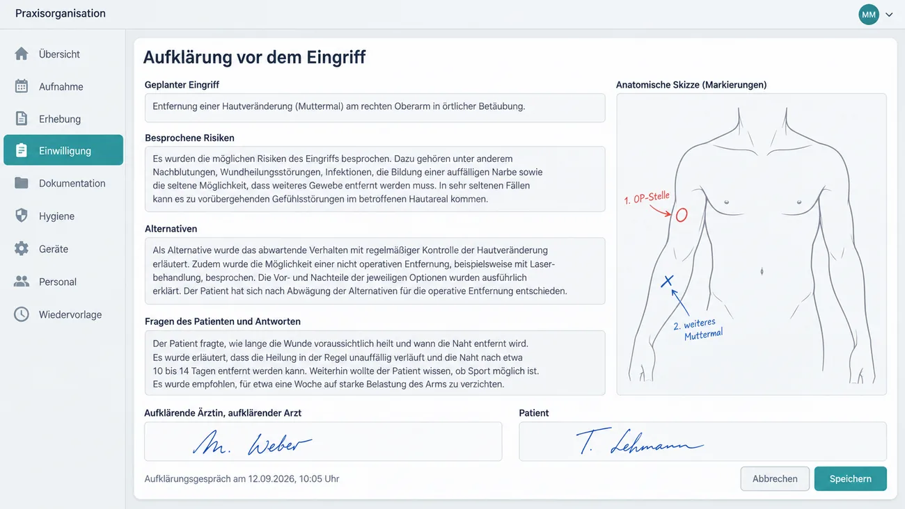 Maske: Aufklärung vor dem Eingriff mit geplantem Eingriff, ausformulierten Feldern zu besprochenen Risiken, Alternativen und Fragen des Patienten, einer anatomischen Skizze mit zwei Markierungen und den Unterschriften von Arzt und Patient mit Zeitpunkt des Gesprächs