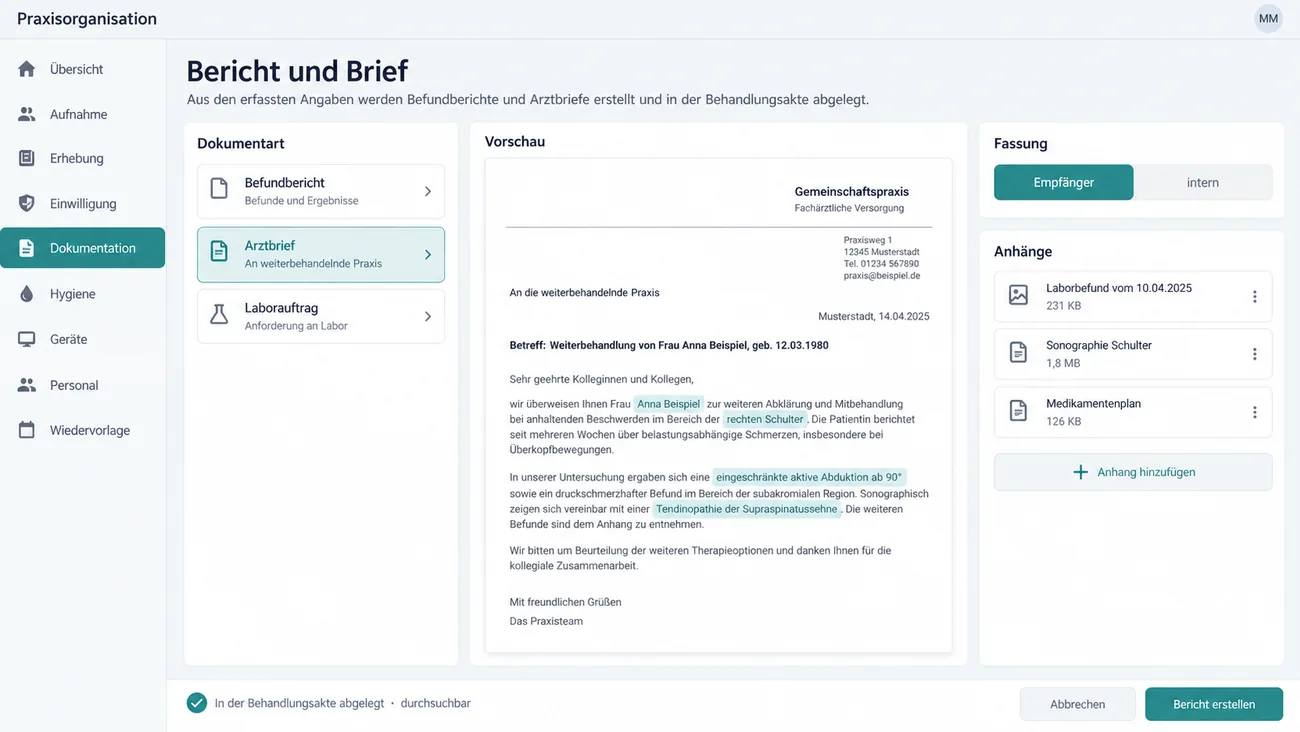 Maske: Bericht und Brief mit Auswahl der Dokumentart, der Vorschau eines Arztbriefs an die weiterbehandelnde Praxis mit hinterlegten übernommenen Angaben, dem Umschalter zwischen Empfänger- und interner Fassung, der Anhangliste und dem Vermerk der Ablage in der Behandlungsakte
