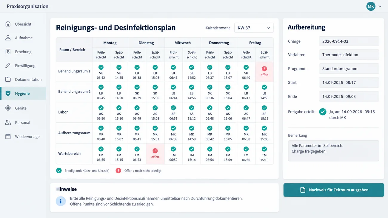 Maske: Reinigungs- und Desinfektionsplan einer Kalenderwoche mit Räumen und Bereichen, Früh- und Spätschicht je Wochentag, Kürzel und Uhrzeit je erledigtem Feld, zwei offenen Feldern, der Aufbereitung mit Charge, Verfahren und Freigabe und der Ausgabe des Nachweises für einen Zeitraum