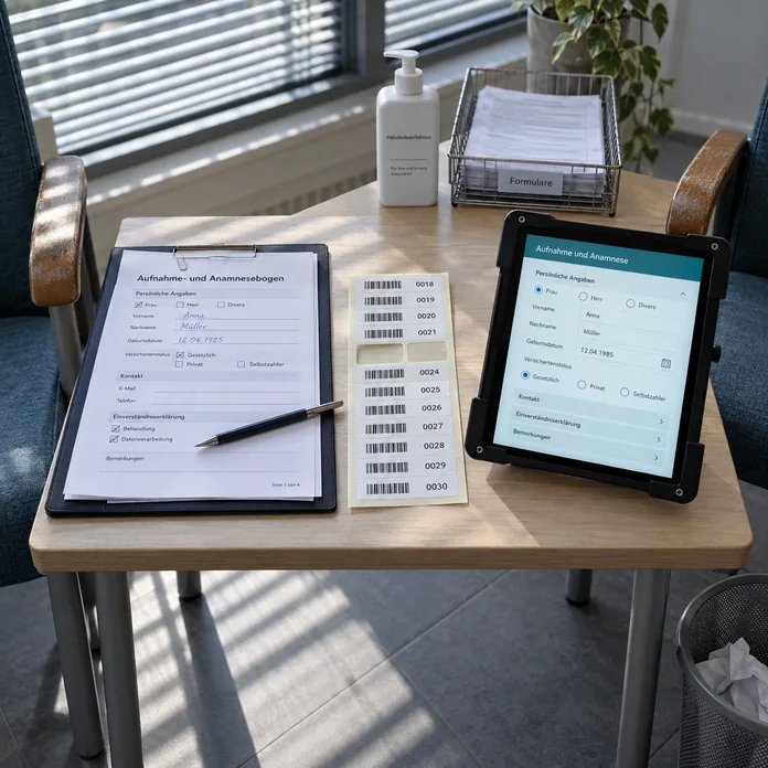 Beistelltisch im Wartebereich: links ein ausgefüllter Aufnahme- und Anamnesebogen auf der Klemmmappe, in der Mitte ein Bogen nummerierter Etiketten, rechts ein Tablet in fester Halterung mit derselben Feldfolge, dahinter Desinfektionsspender und Formularablage