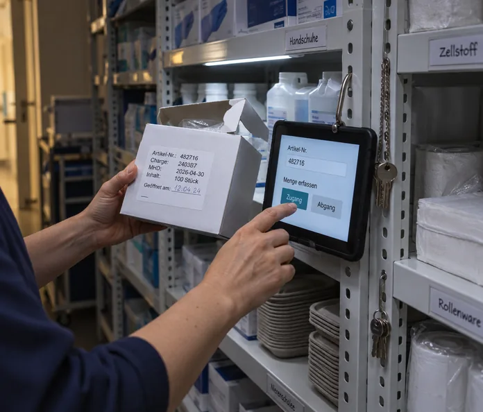 Vorratsraum einer Gesundheitseinrichtung: Zwei Hände halten einen geöffneten Karton mit Artikelnummer, Charge und Haltbarkeitsdatum ans Regal und buchen die Menge auf dem eingehängten Tablet als Zugang