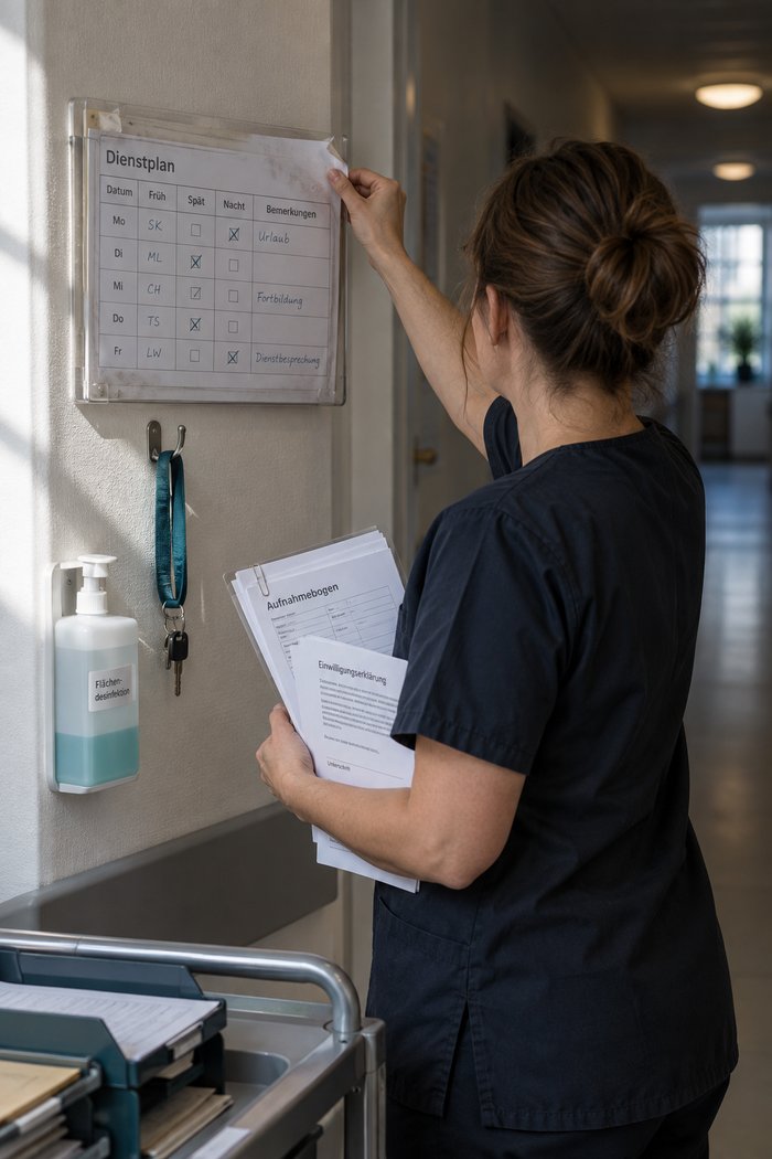 Flur vor dem Dienstzimmer am frühen Morgen: Eine Mitarbeiterin im dunklen Kasack nimmt den laminierten Dienstplan aus der Wandhalterung, im Arm bereits Aufnahmebogen und Einwilligungsblatt für das Erstgespräch