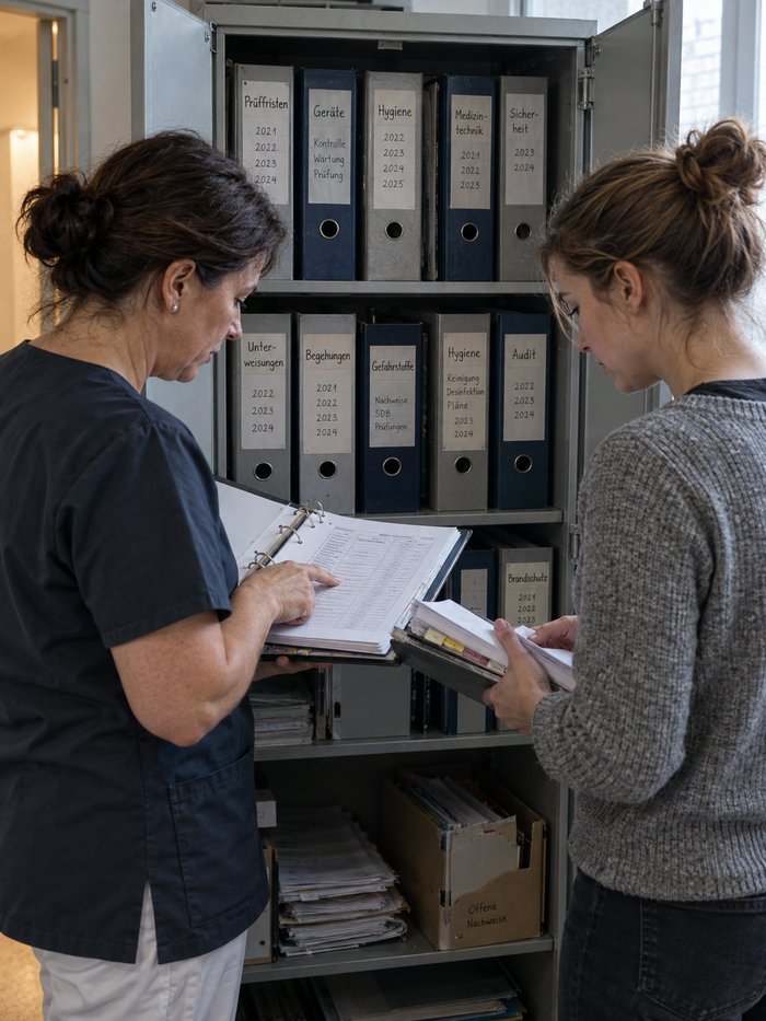 Zwei Kolleginnen vor dem offenen Schrank mit Fristenordnern zu Prüffristen, Geräten und Hygiene: Die ältere im dunklen Kasack zeigt auf eine Zeile im aufgeschlagenen Ordner, die jüngere blättert in einem zweiten Ordner nach