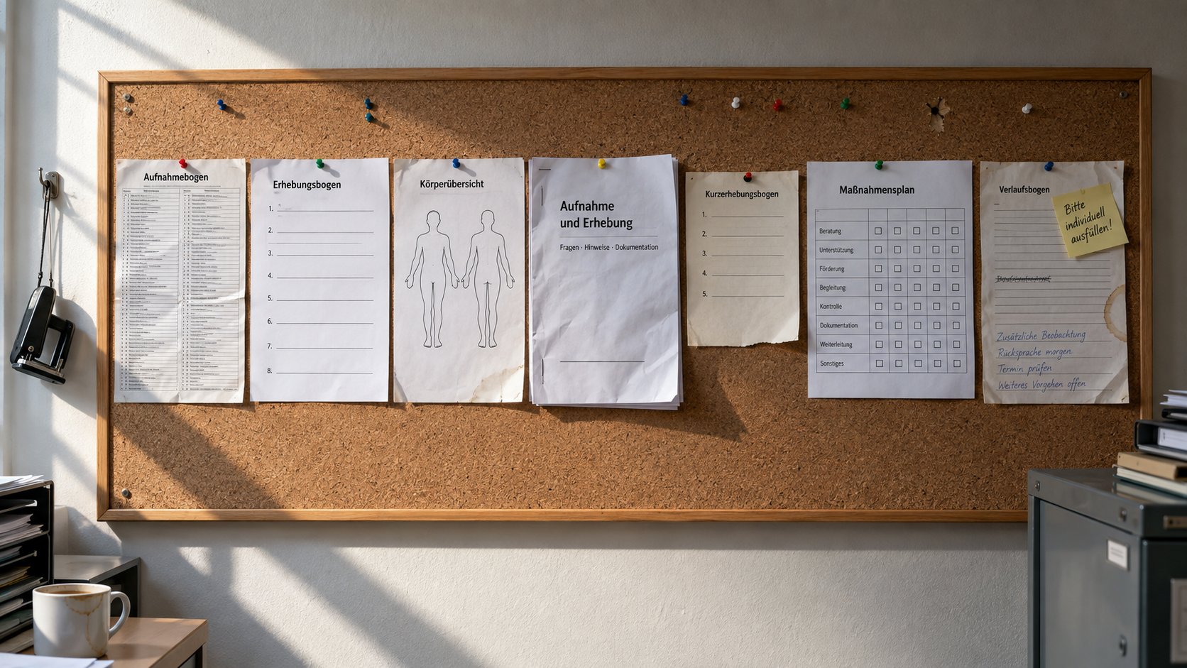 Korkwand im Verwaltungszimmer mit sieben verschiedenen Aufnahme- und Erhebungsbögen nebeneinander, vom eng bedruckten Zweispalter über ein Körperschema bis zum Maßnahmenplan, auf dem letzten ein Haftzettel mit der Bitte um individuelles Ausfüllen