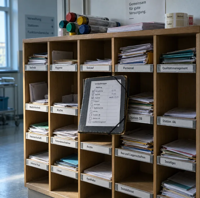 Hauspostregal aus Holz in einem Krankenhausflur mit beschrifteten Fächern für Technik, Hygiene, Einkauf, Personal und die Stationen, aus einem Fach ragt eine Umlaufmappe mit Laufzettel und drei abgehakten Abteilungen, obenauf Rohrpostbüchsen mit farbigen Kappen