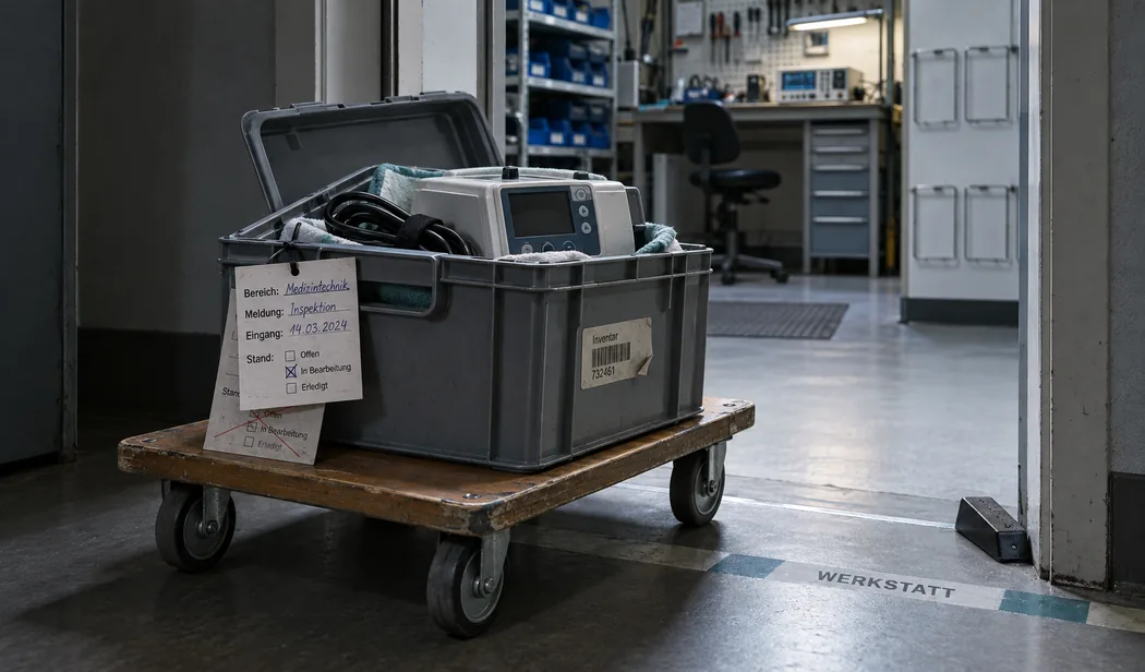 Rollbrett im offenen Durchgang zur Werkstatt der Medizintechnik eines Krankenhauses, darauf eine graue Transportkiste mit einem kompakten Medizingerät, an der Kiste ein Begleitanhänger mit Bereich, Meldung, Eingang und angekreuztem Stand sowie ein Inventaraufkleber mit Strichcode