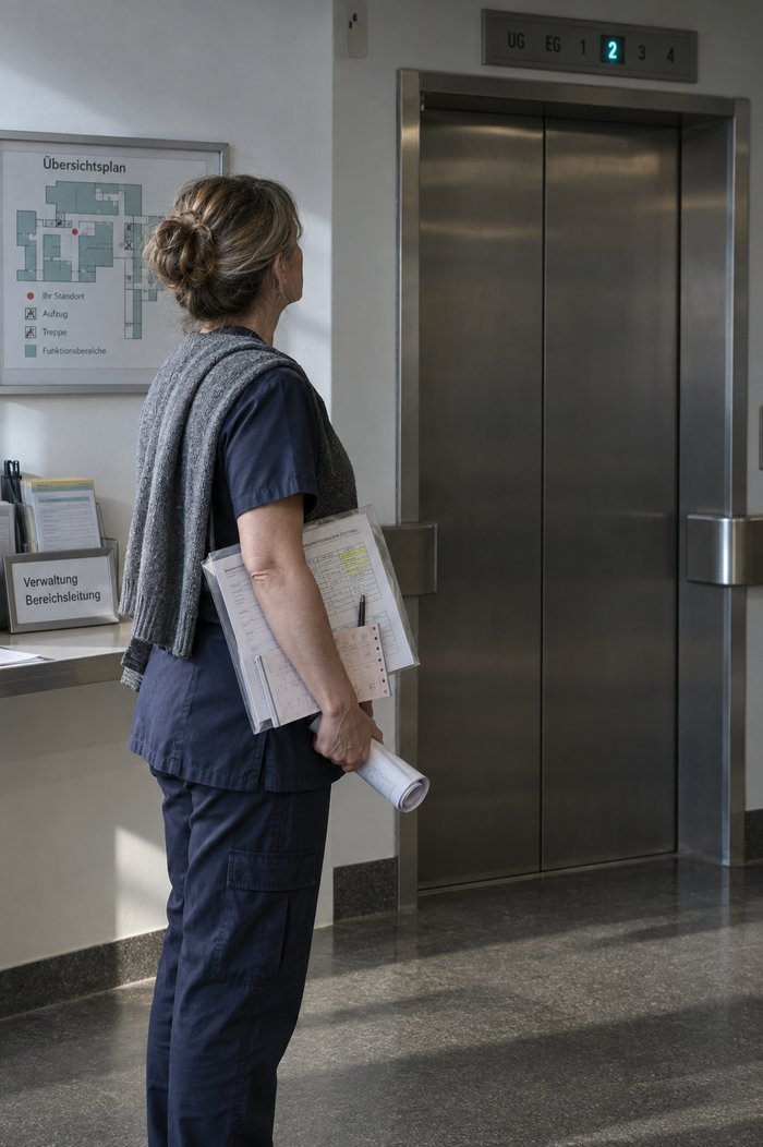 Bereichsleitung in dunklem Kasack mit umgelegter Strickjacke wartet vor der Aufzugstür eines Krankenhauses, unter dem Arm eine Klarsichthülle mit mehreren Bögen, in der Hand ein gerollter Plan, links an der Wand der gerahmte Übersichtsplan und eine Ablage