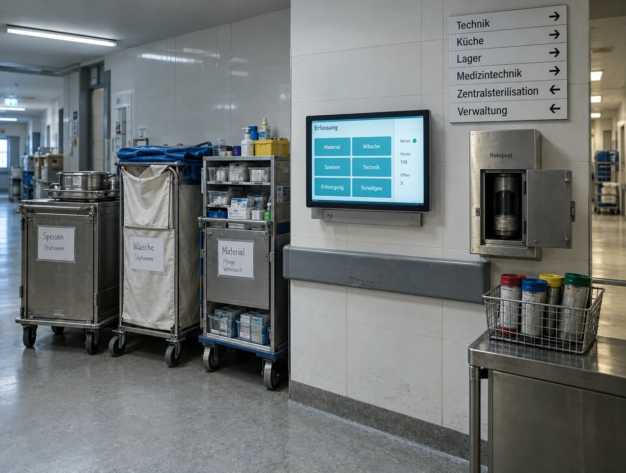 Flurnische im Versorgungsbereich eines Krankenhauses: links abgestellte Speisen-, Wäsche- und Materialwagen, in der Mitte ein Touchmonitor an der Wand mit Erfassungskacheln für Material, Wäsche, Speisen und Technik, rechts Wegweiser zu den Abteilungen und eine geöffnete Rohrpoststation