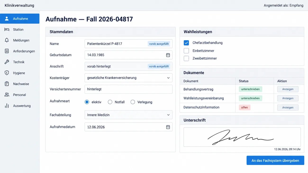 Maske: Aufnahme eines Falls mit vorab ausgefüllten Stammdaten, Kostenträger, Aufnahmeart und Fachabteilung, der Auswahl der Wahlleistungen, dem Unterschriftsstand von Behandlungsvertrag, Wahlleistungsvereinbarung und Datenschutzinformation, einem Unterschriftsfeld und der Übergabe an das Fachsystem