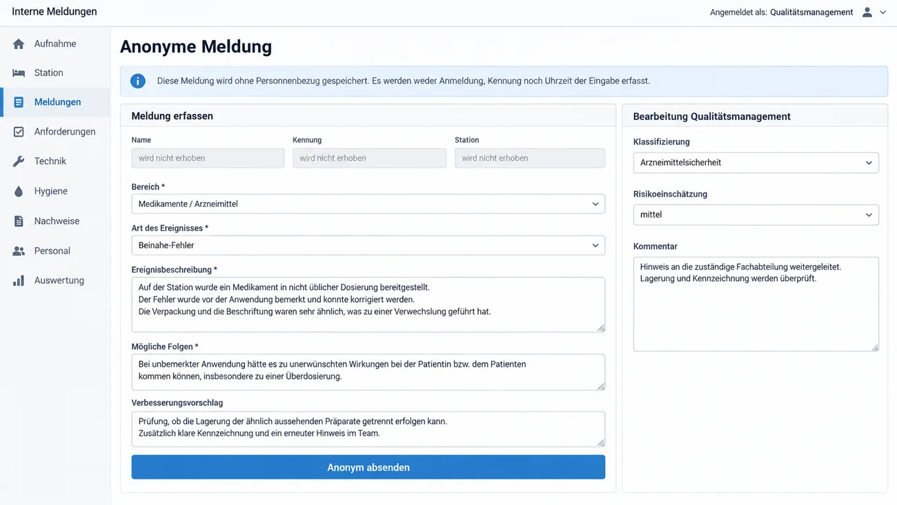 Maske: anonyme Meldung mit dem Hinweis, dass kein Personenbezug gespeichert wird, ausgegrauten Feldern für Name, Kennung und Station, Bereich, Ereignisart, Beschreibung, möglichen Folgen und Verbesserungsvorschlag sowie dem abgetrennten Bearbeitungsbereich des Qualitätsmanagements