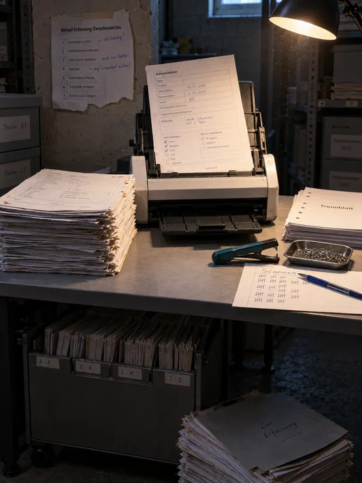 Erfassungsplatz im Zwischenarchiv eines Krankenhauses unter einer Arbeitsleuchte: Im Dokumentenscanner steckt ein handausgefüllter Aufnahmebogen, links ein hoher Stapel Bögen mit Rostspuren, rechts Klammerentferner, eine Schale voller Heftklammern und eine Strichliste, darunter ein randvoller Rollcontainer