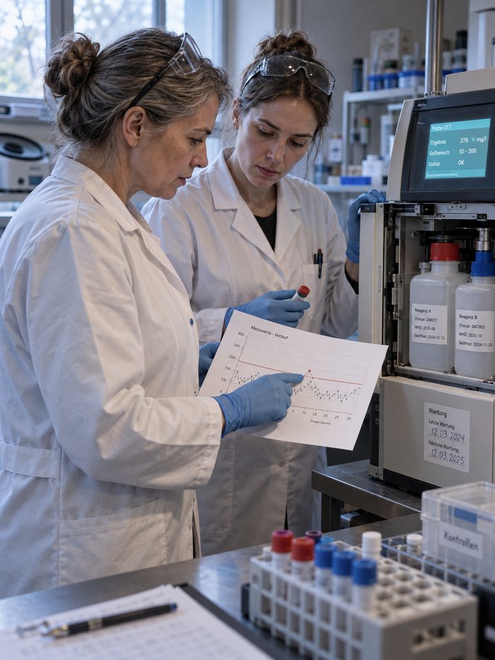 Zwei Laborfachkräfte in Kitteln und Handschuhen stehen am geöffneten Analysengerät: die Ältere zeigt auf dem Verlaufsbogen auf einen Messpunkt oberhalb der Grenzlinie, die Jüngere hält ein Kontrollröhrchen und blickt auf dieselbe Stelle, auf der Geräteanzeige das Ergebnis der Probe