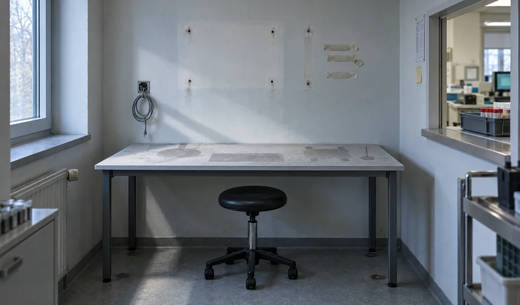 Leerer Erfassungsplatz im Nebenraum eines Labors: auf der staubigen Tischplatte die Abdrücke von Monitorfuß, Tastatur und Belegdrucker, an der Wand ein heller Fleck mit offenen Dübellöchern und Klebestreifenresten, unter dem Tisch ein Rollhocker, rechts die Durchreiche zur Probenannahme