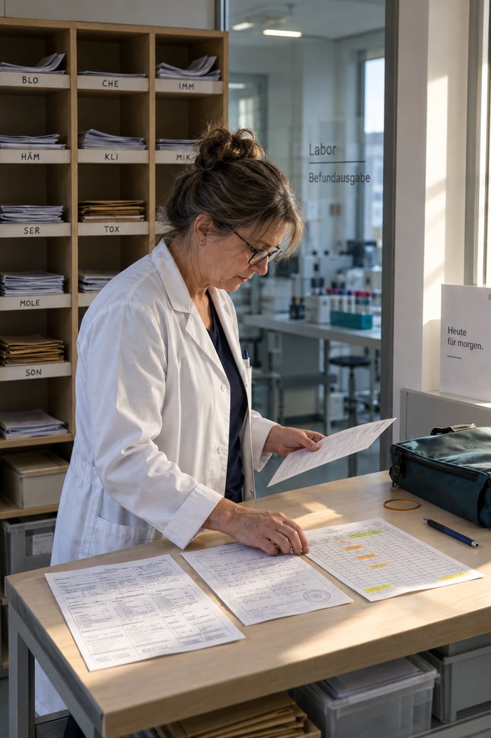 Mitarbeiterin im Laborkittel steht an der Befundausgabe vor einem Fächerregal mit Kürzeln und legt einen Anforderungsschein, ein Protokollblatt mit Stempelfeld und eine Fristenliste mit farbigen Markierungen nebeneinander aufs Pult, ein viertes Blatt noch in der Hand
