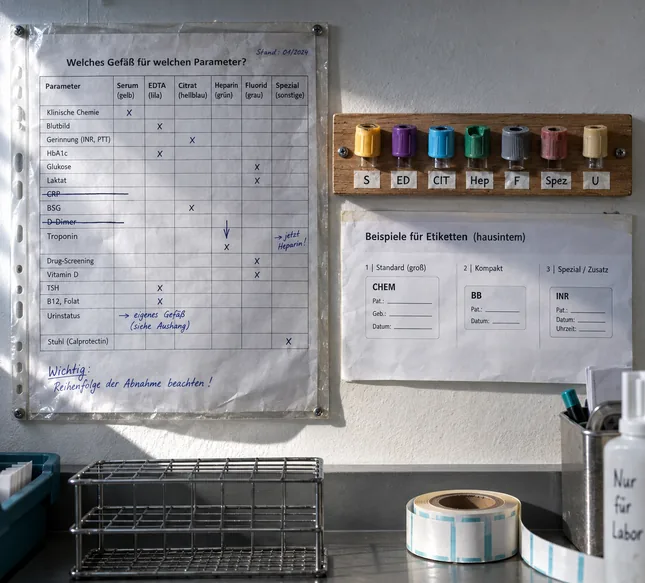 Wandfeld über der Annahmebank eines Labors: links in einer Klarsichthülle die hauseigene Tabelle, welches Gefäß zu welchem Parameter gehört, mit durchgestrichenen und verschobenen Zeilen, rechts eine Holzleiste mit sieben farbigen Röhrchendeckeln und Kürzeln, darunter ein Bogen mit Etikettenbeispielen