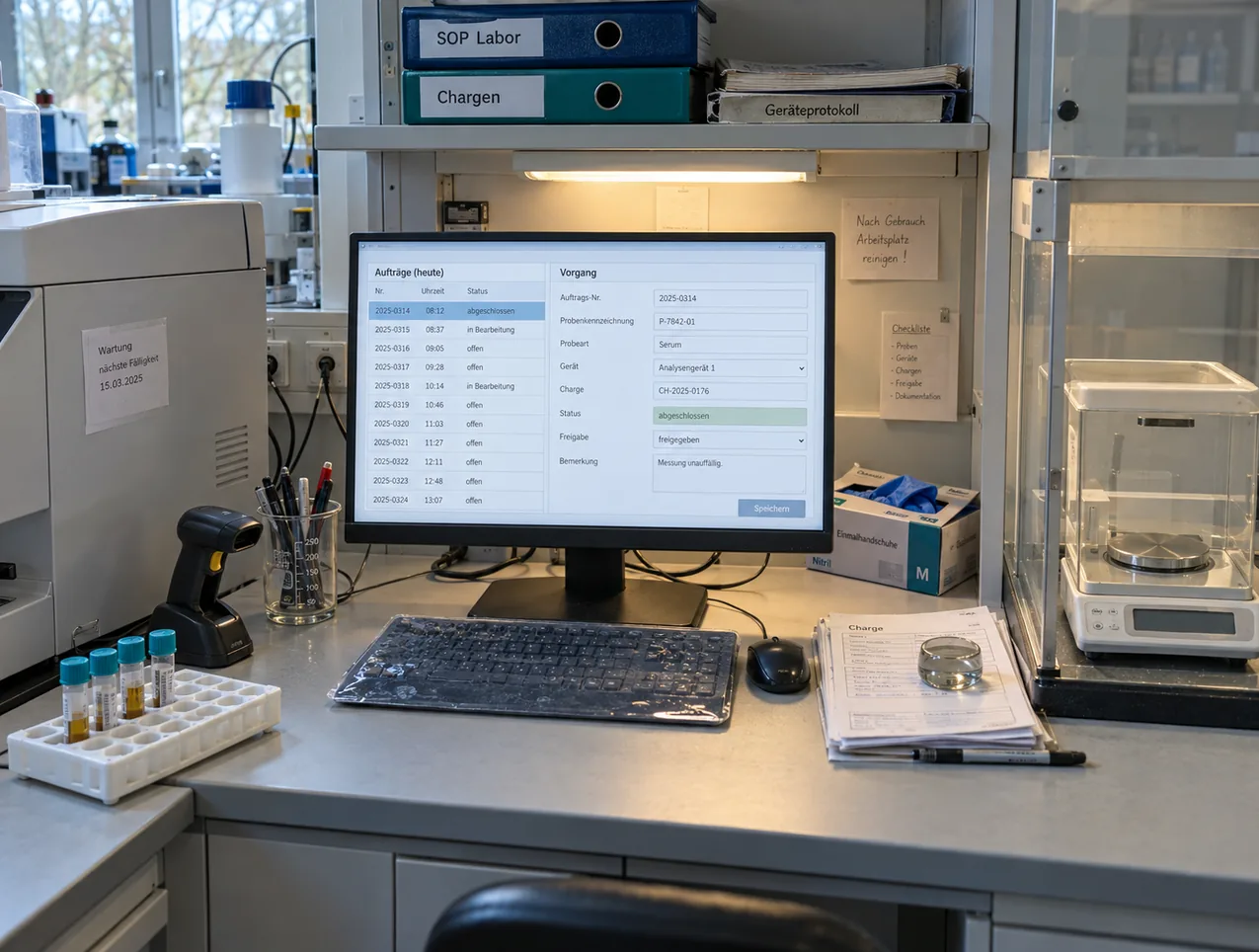 Auswerteplatz zwischen Analysengerät und Waage an einer Laborbank: Bildschirm mit der Auftragsliste des Tages und einem geöffneten Vorgang mit Probe, Gerät, Charge und Freigabe, davor eine Tastatur unter Schutzfolie, Barcodeleser, Aliquotröhrchen und Chargenzettel
