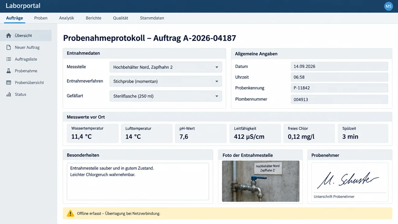 Maske: Probenahmeprotokoll an der Entnahmestelle mit gewählter Messstelle, Entnahmeverfahren und Gefäßart, automatisch gefüllten Angaben samt Plombennummer, den Messwerten vor Ort, Foto und Unterschrift des Probenehmers und dem Hinweis auf die Offline-Erfassung