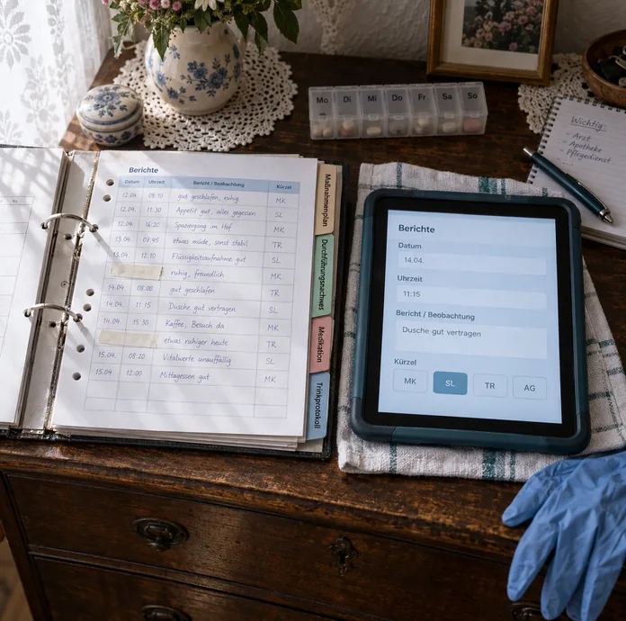 Aufgeschlagene Pflegemappe mit handschriftlich geführtem Berichteblatt und Registerreitern von Maßnahmenplan bis Trinkprotokoll auf einer alten Holzkommode in der Wohnung einer versorgten Person, daneben ein Tablet im Schutzrahmen mit derselben Berichtsmaske, ringsum Wochendispenser, Häkeldeckchen, Notizblock und Einmalhandschuhe