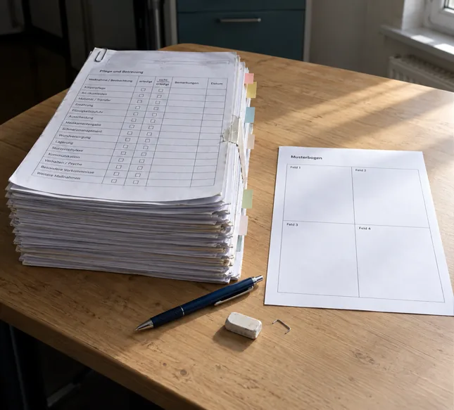 Auf einem hellen Holztisch liegt links ein dicker, mit Büroklammer gehaltener Bogenstapel zu Pflege und Betreuung mit Ankreuzraster, Registerstreifen und geflickter Kante, rechts ein einzelner leerer Musterbogen mit vier großen Feldern, davor Kugelschreiber, Radiergummi und eine Heftklammer