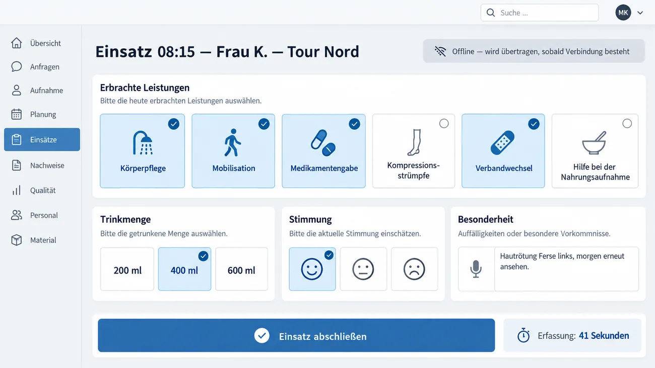Maske: Einsatzerfassung vor Ort mit großen Auswahlflächen für die erbrachten Leistungen, Trinkmenge, Stimmung und einem Feld für Besonderheiten mit Spracheingabe, dem Hinweis auf den Offlinebetrieb und der Schaltfläche zum Abschließen nach 41 Sekunden Erfassung