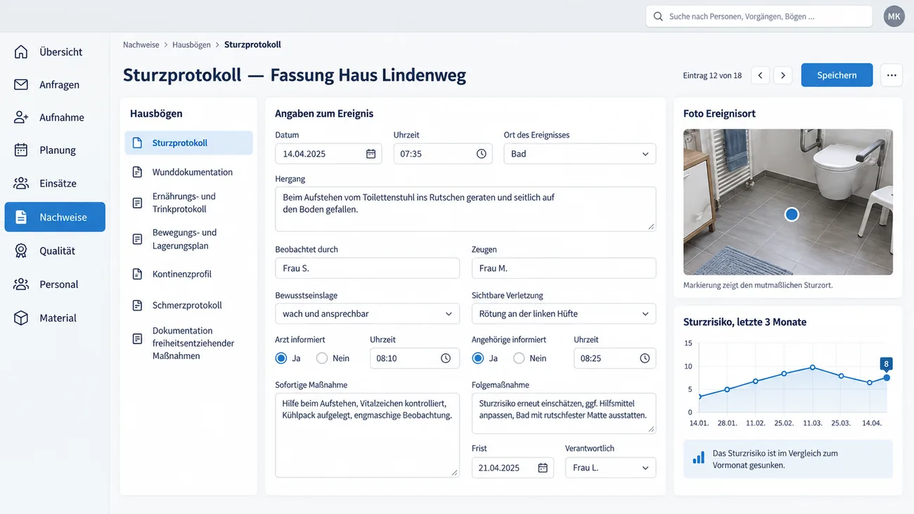 Maske: Sturzprotokoll in der Fassung des Hauses mit den Angaben zum Ereignis von Ort und Hergang bis zur Folgemaßnahme mit Frist, dem Foto des Ereignisorts mit Markierung, der Verlaufsgrafik zum Sturzrisiko und der Liste weiterer Hausbögen