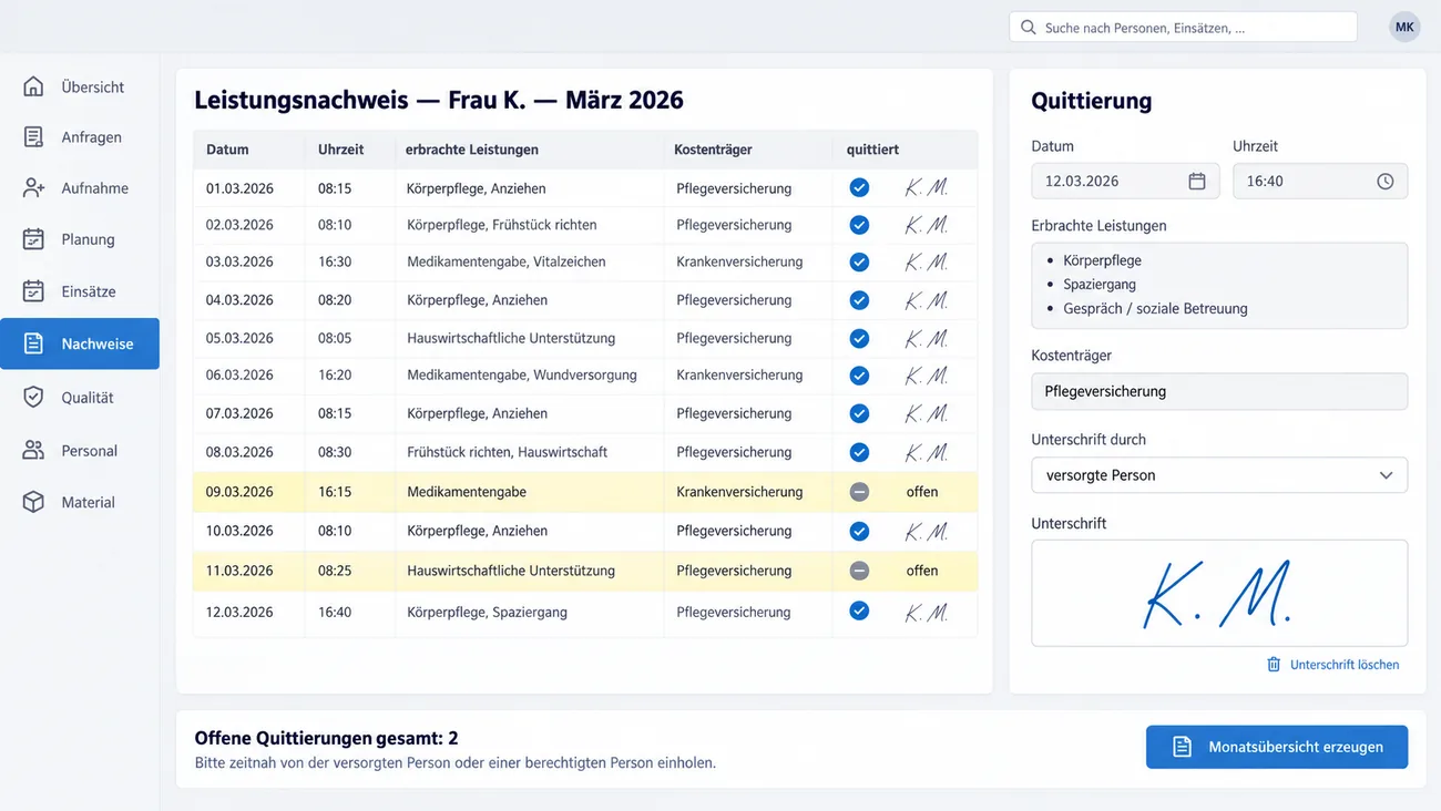 Maske: Leistungsnachweis einer versorgten Person für einen Monat mit Datum, Uhrzeit, erbrachten Leistungen und Kostenträger je Zeile, zwei offenen Quittierungen, dem Block zur Quittierung mit Unterschriftenfeld auf dem Gerät und der Schaltfläche für die Monatsübersicht
