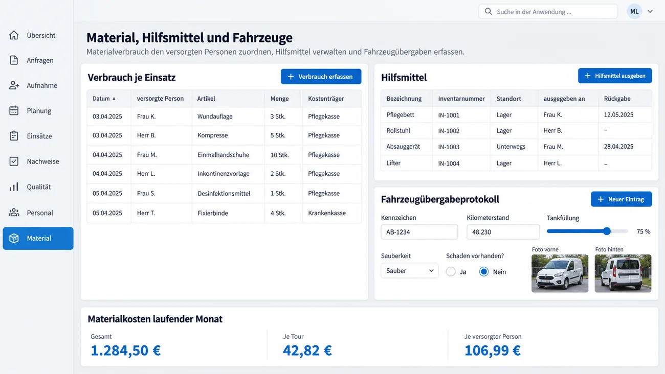 Maske: Material, Hilfsmittel und Fahrzeuge mit dem Verbrauch je Einsatz nach versorgter Person und Kostenträger, den ausgegebenen Hilfsmitteln mit Inventarnummer und Rückgabe, dem Fahrzeugübergabeprotokoll mit Kilometerstand, Tankfüllung, Schaden und Fotos sowie den Materialkosten des Monats