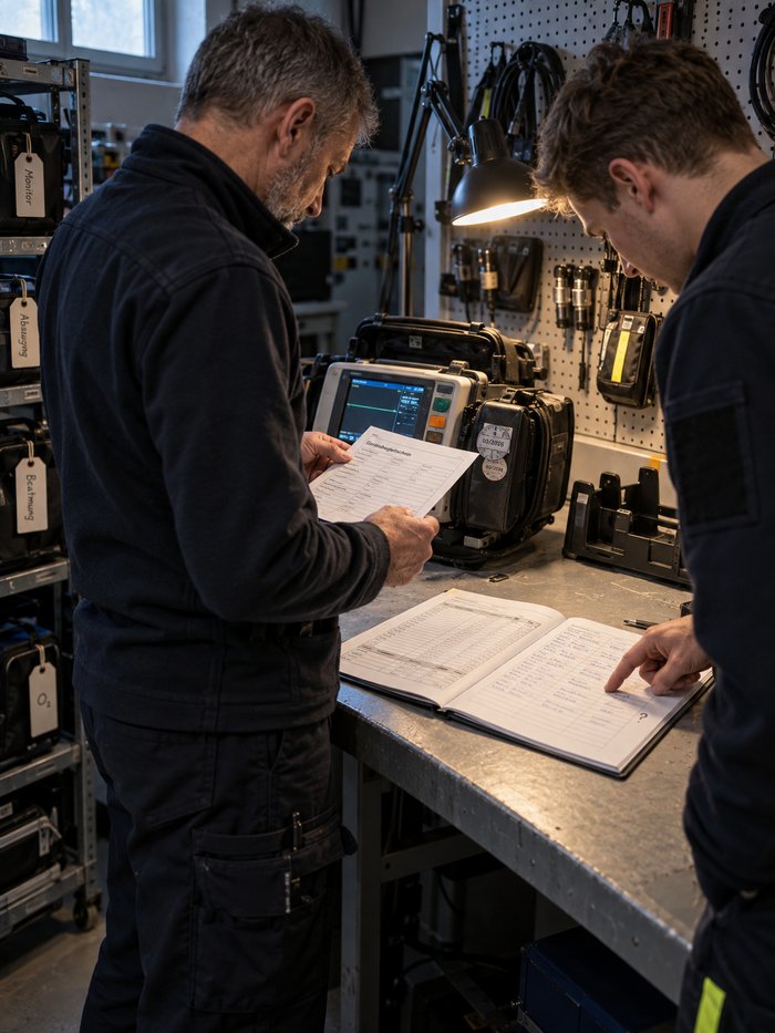Zwei Mitarbeiter in dunkler Dienstkleidung am Prüftisch im Geräteraum einer Rettungswache: der ältere liest einen Gerätebegleitschein, der jüngere zeigt im aufgeschlagenen Gerätebuch auf eine Zeile mit Fragezeichen, dahinter ein Überwachungsgerät mit Prüfplaketten unter einer Arbeitsleuchte