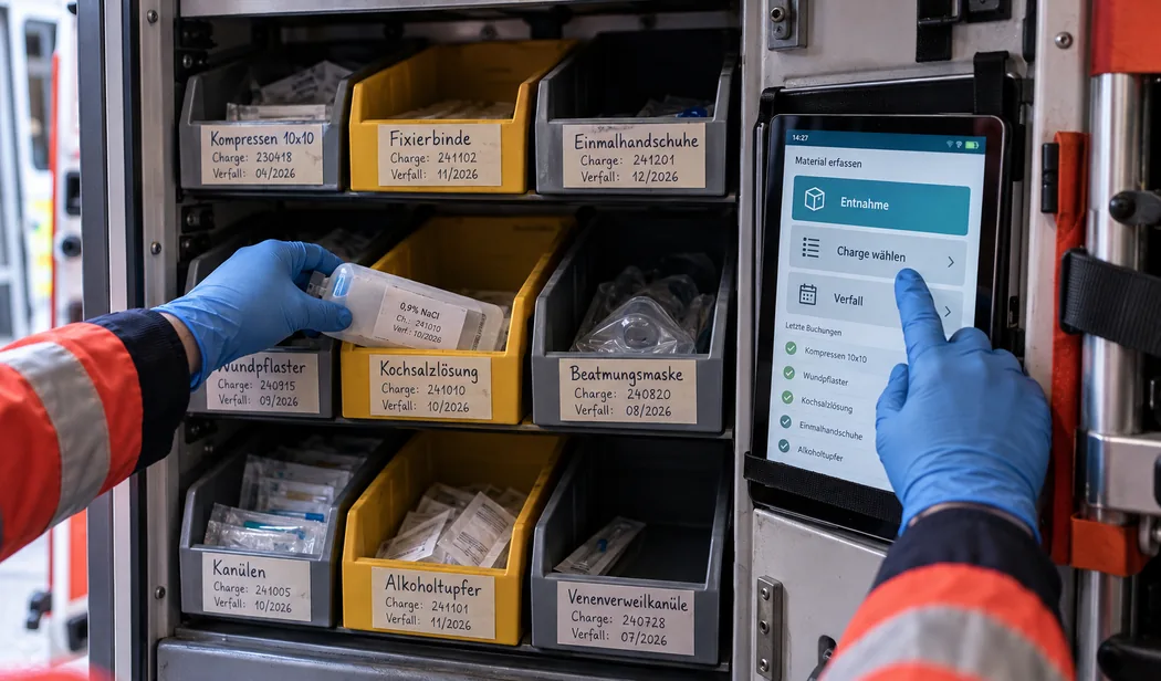 Sichtlagerfächer im Innenraum eines Rettungswagens mit handgeschriebenen Schildern zu Artikel, Charge und Verfall: eine behandschuhte Hand legt eine Flasche Kochsalzlösung ins Fach, die andere wählt auf dem Tablet in der Schranktür die Charge der Entnahme