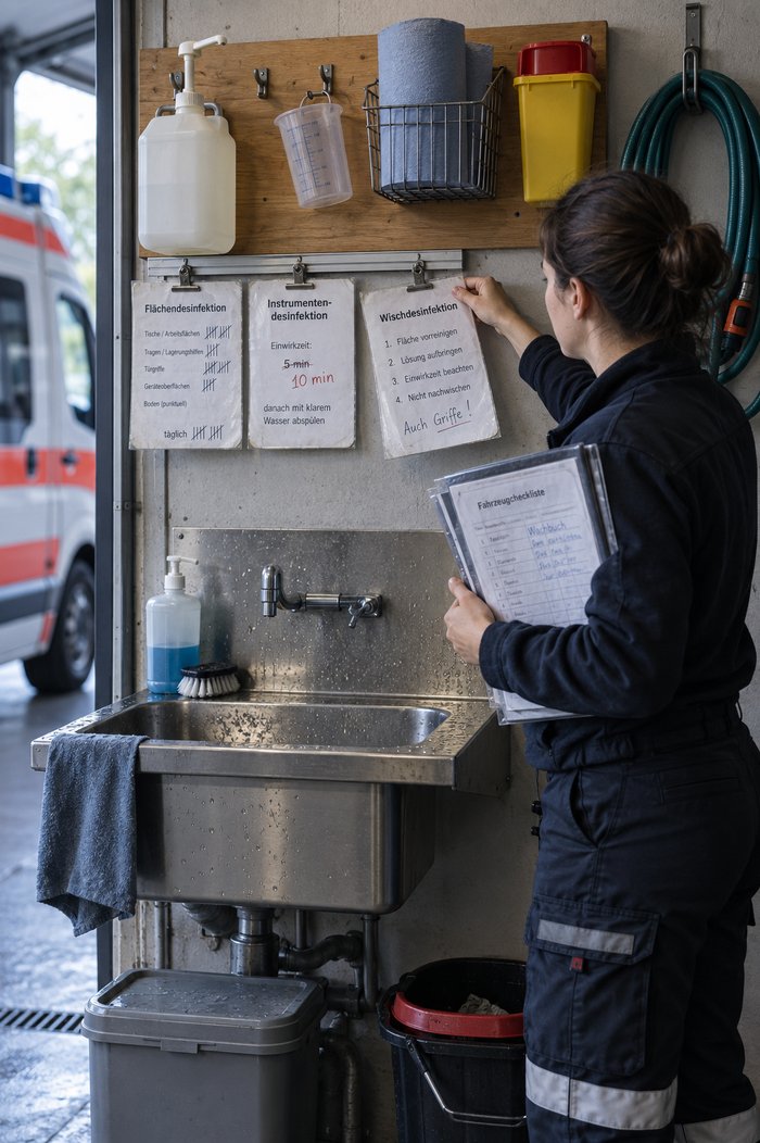 Mitarbeiterin in dunkler Dienstkleidung am Desinfektionsplatz neben dem Fahrzeugstellplatz nimmt eine laminierte Karte zur Wischdesinfektion von der Klemmleiste, im Arm ein Stapel Klarsichthüllen mit der Fahrzeugcheckliste, darunter ein Edelstahlbecken, im Hintergrund die Flanke eines Rettungswagens