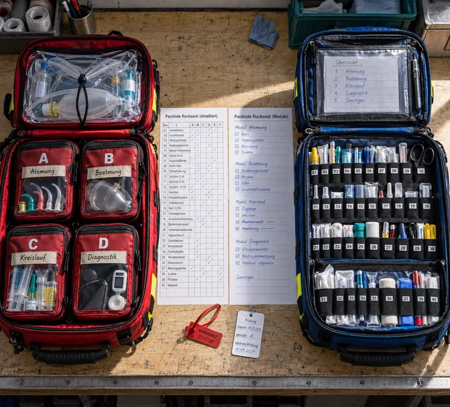 Zwei aufgeklappte Notfallrucksäcke nebeneinander auf einem Packtisch: links ein roter mit vier beschrifteten Modultaschen von Atemweg bis Diagnostik, rechts ein blauer mit nummerierten Gummischlaufen, dazwischen zwei unterschiedlich aufgebaute Packlisten, eine rote Plombe und ein Prüfanhänger