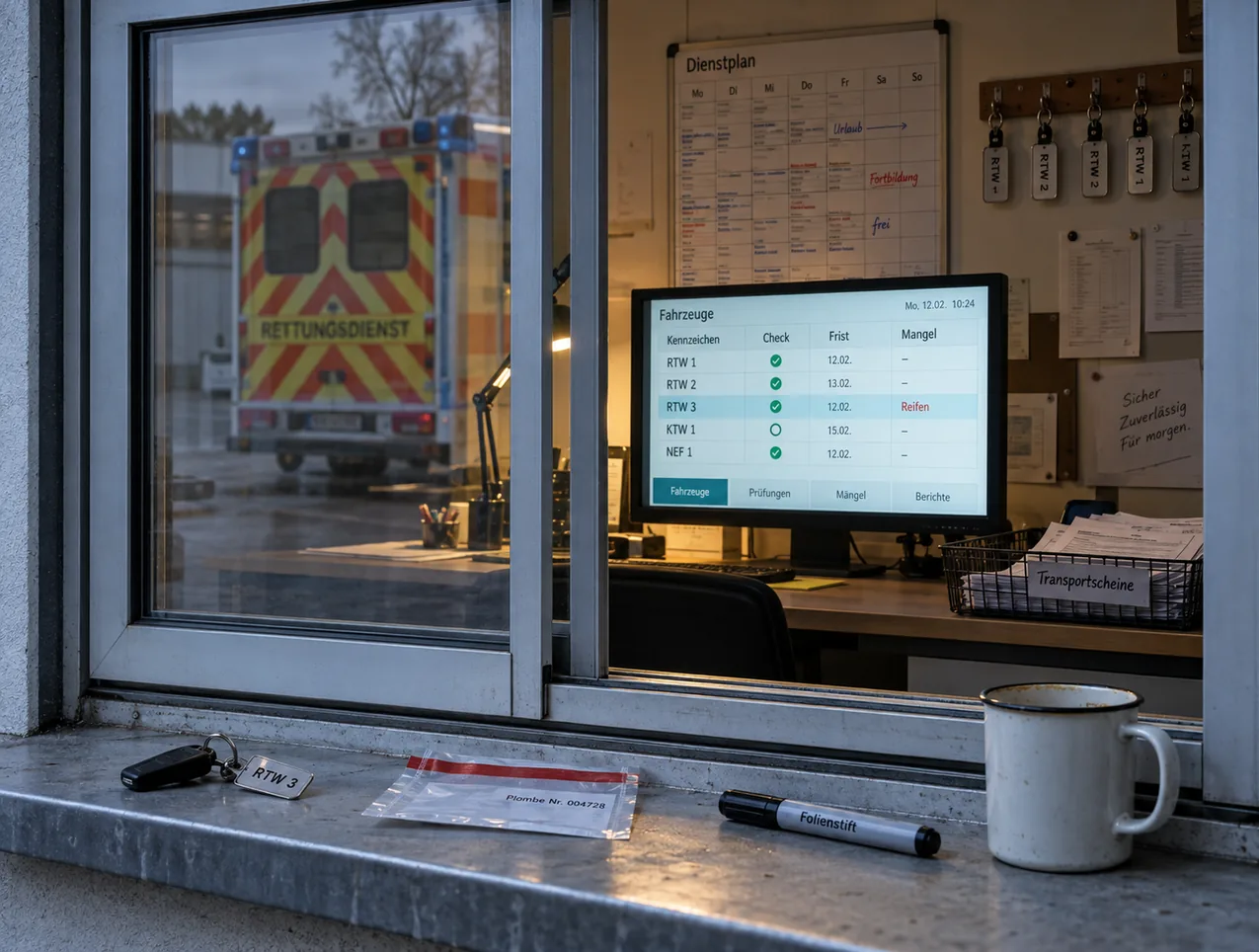 Blick durch das Sichtfenster ins Büro der Wachleitung: auf dem Monitor eine Fahrzeugübersicht mit Check, Frist und Mangel je Rettungsmittel, dahinter Dienstplan und Schlüsselleiste, im Glas spiegelt sich der Rettungswagen vom Stellplatz, auf dem Sims Fahrzeugschlüssel, Plombentüte, Folienstift und Kaffeebecher