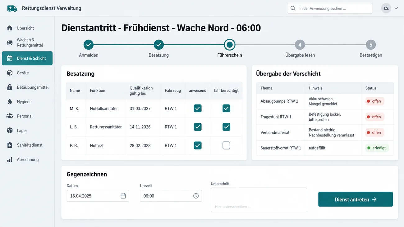 Maske: geführter Dienstantritt im Frühdienst mit Schrittleiste von der Anmeldung bis zur Bestätigung, der Besatzung mit Qualifikation und Fahrberechtigung, den offenen Punkten aus der Übergabe der Vorschicht und dem Feld zum Gegenzeichnen