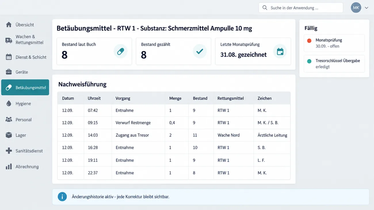 Maske: Betäubungsmittelnachweis je Substanz und Rettungsmittel mit Bestand laut Buch, gezähltem Bestand und letzter Monatsprüfung, der Tabelle aller Entnahmen, Verwürfe und Zugänge mit Uhrzeit und Zeichen und dem Hinweis auf die Änderungshistorie