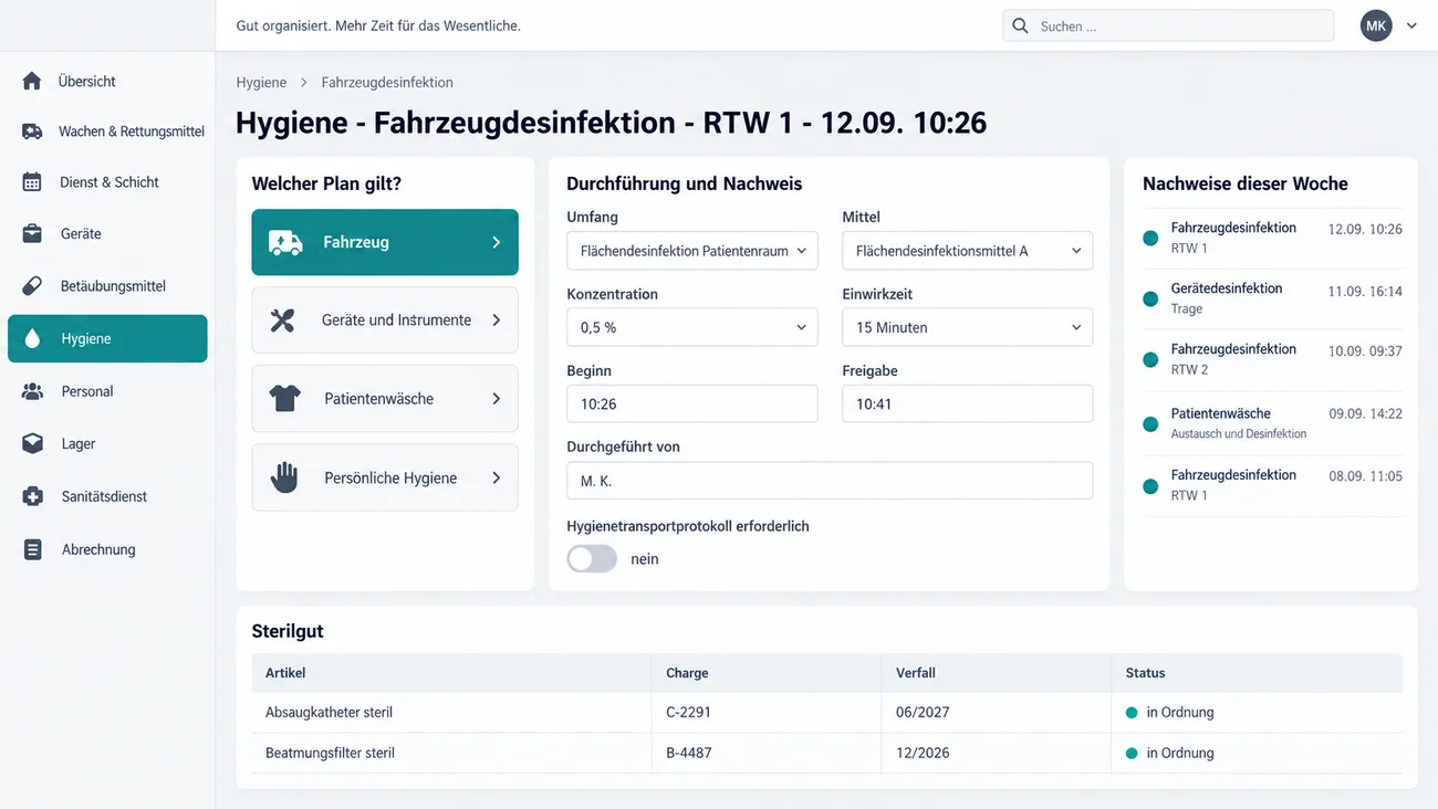 Maske: Desinfektionsquittung für einen Rettungswagen mit Auswahl des geltenden Plans, Umfang, Mittel, Konzentration, Einwirkzeit, Beginn und Freigabe, dem Schalter für das Hygienetransportprotokoll, der Sterilguttabelle mit Charge und Verfall und den Nachweisen der Woche