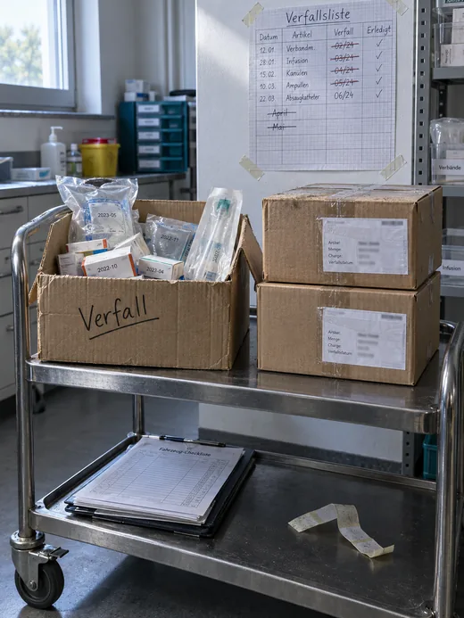 Edelstahl-Rollwagen in der Materialausgabe einer Rettungswache: oben ein offener Karton mit der Aufschrift Verfall voller abgelaufener Infusionsbeutel und Schachteln, daneben zwei identische ungeöffnete Versandkartons, unten eine Klemmmappe mit Fahrzeugchecklisten, an der Wand eine nicht mehr fortgeführte Verfallsliste
