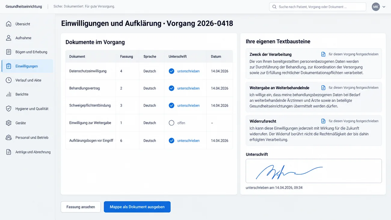 Maske: Einwilligungen und Aufklärung eines Vorgangs mit Fassung, Sprache und Unterschriftsstatus je Dokument, den eigenen Textbausteinen des Hauses und der Unterschrift auf dem Gerät