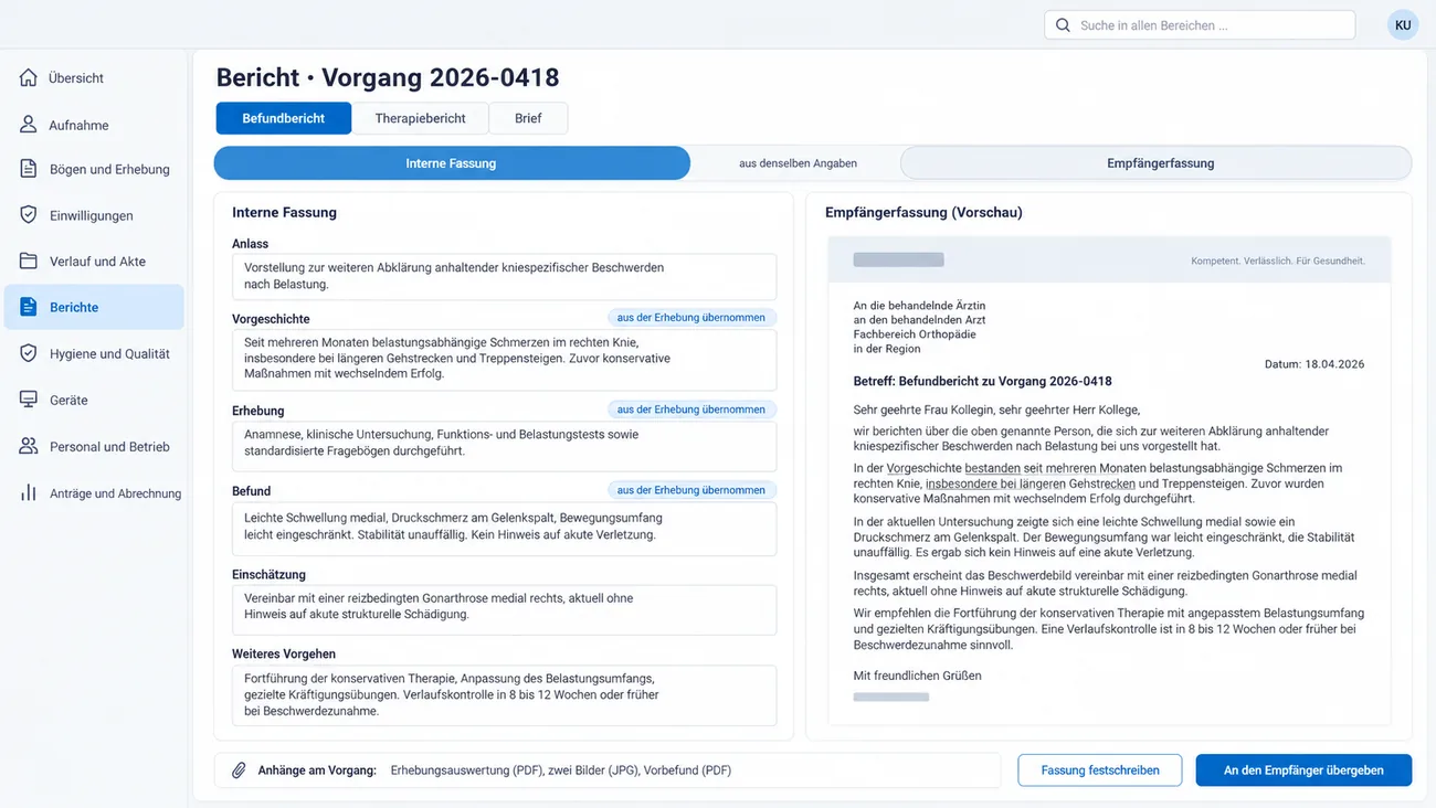 Maske: Befundbericht zu einem Vorgang mit der internen Fassung aus den Erhebungsangaben neben der Empfängerfassung im Briefaufbau, den Anhängen am Vorgang und der Übergabe an den Empfänger