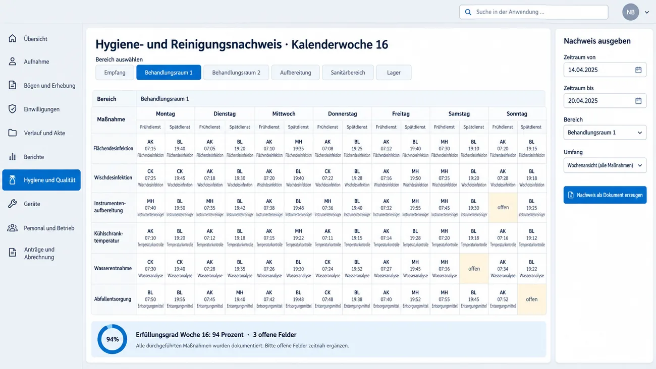 Maske: Hygiene- und Reinigungsnachweis einer Kalenderwoche je Bereich mit den Maßnahmen im Früh- und Spätdienst, Kürzel und Uhrzeit, drei offenen Feldern und der Ausgabe als Nachweisdokument