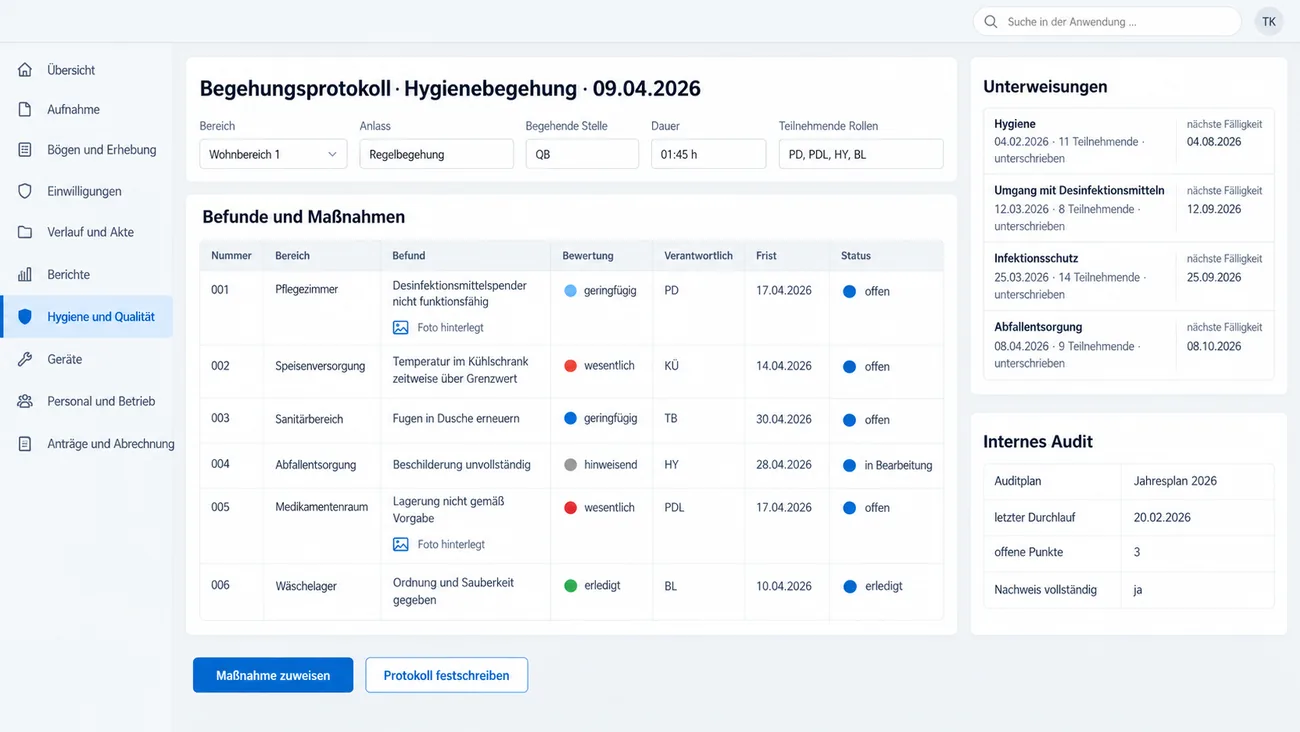 Maske: Begehungsprotokoll einer Hygienebegehung mit Befund, Bewertung, Verantwortlichem, Frist und Status, hinterlegten Fotos sowie den fälligen Unterweisungen und dem Stand des internen Audits