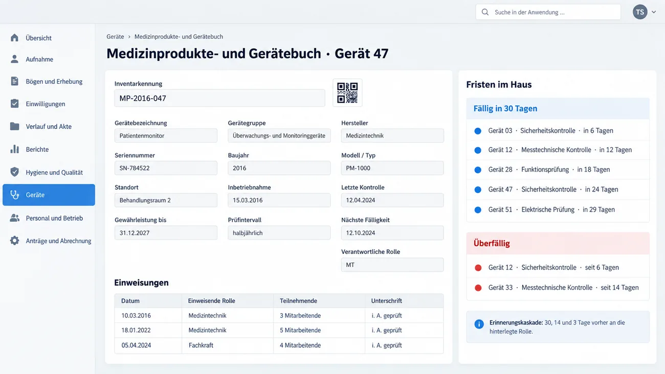 Maske: Medizinprodukte- und Gerätebuch mit dem Stammblatt eines Geräts samt Inventarkennung, Prüfintervall und nächster Fälligkeit, den Einweisungen und der Fristenliste mit fälligen und überfälligen Kontrollen
