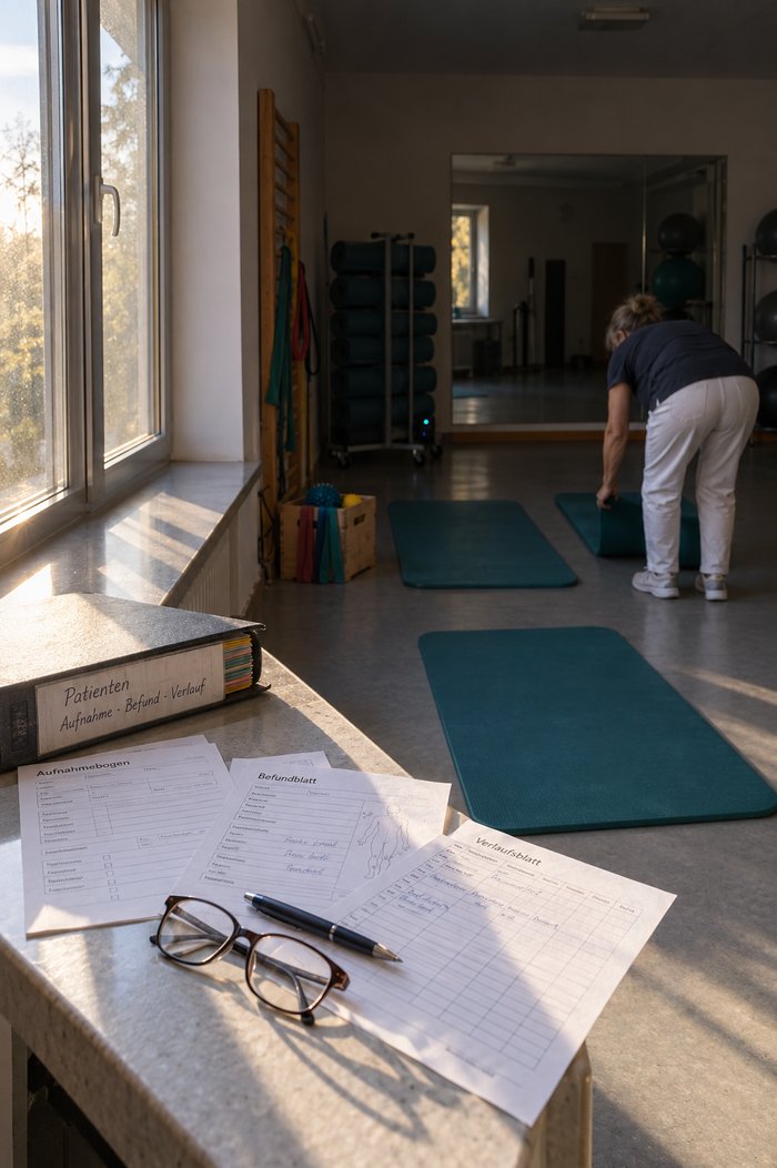 Gymnastikraum einer Therapiepraxis im Morgenlicht: auf der Fensterbank ein Ordner mit handbeschriftetem Rücken, Aufnahmebogen, Befundblatt und Verlaufsblatt mit Lesebrille und Kugelschreiber, im Hintergrund richtet eine Therapeutin gebückt eine Gymnastikmatte aus