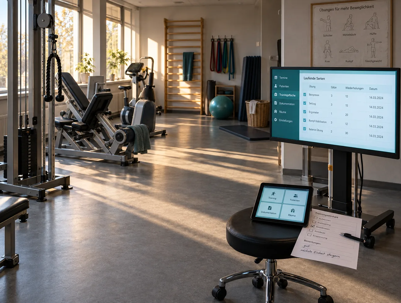Gerätetrainingsfläche einer Therapiepraxis im Nachmittagslicht: zwischen Seilzugturm, Beinpresse, Ergometer und Sprossenwand steht ein fahrbarer Bildschirm mit der Liste laufender Serien, davor auf einem Rollhocker ein Tablet mit großen Kacheln und ein angekreuztes Trainingsblatt