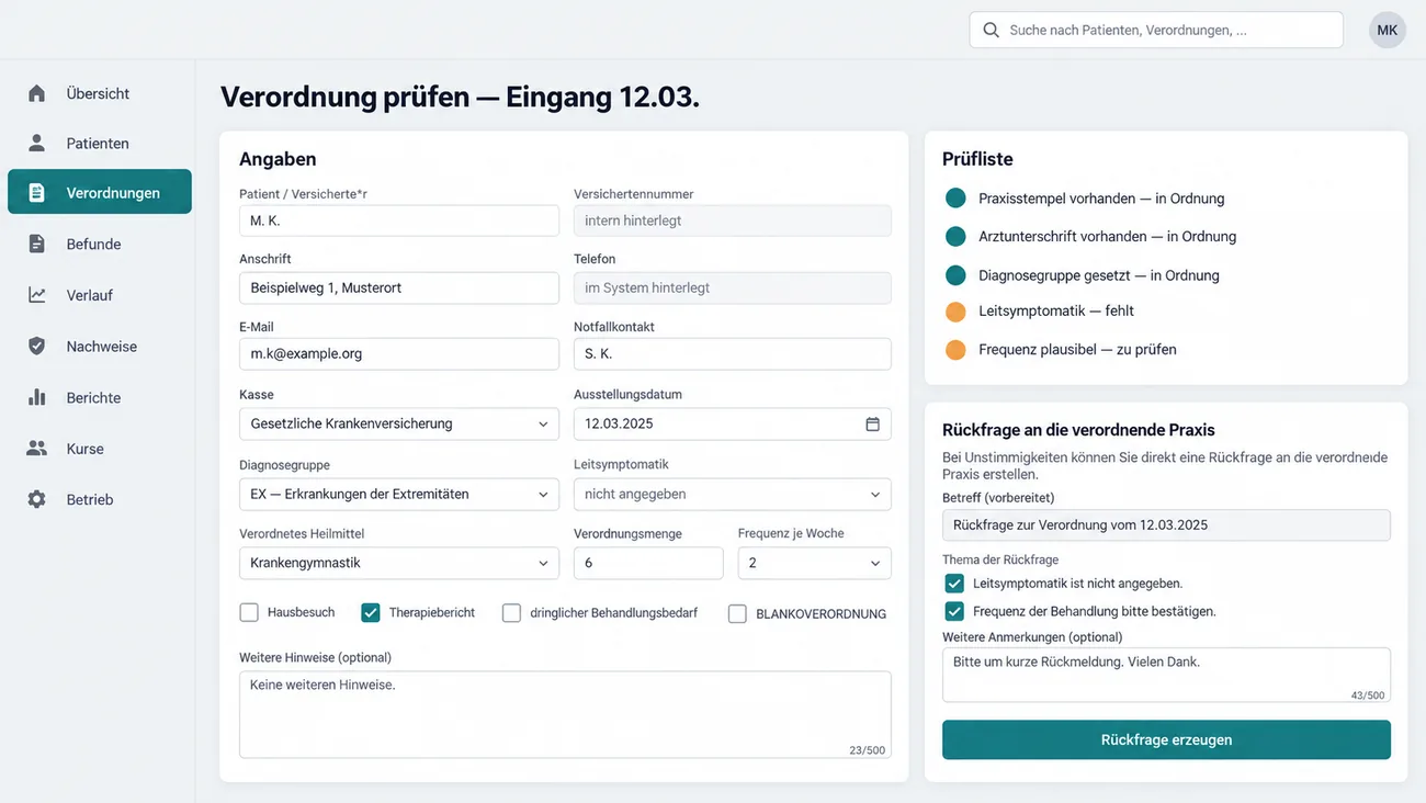 Maske: Prüfung einer eingegangenen Verordnung mit den Angaben von Kasse und Ausstellungsdatum über Diagnosegruppe und Leitsymptomatik bis zu Heilmittel, Menge und Frequenz, der Prüfliste mit Statuspunkten von Praxisstempel bis Frequenz und der vorbereiteten Rückfrage an die verordnende Praxis