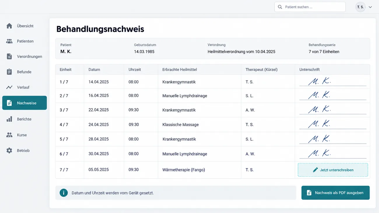 Maske: Behandlungsnachweis einer Serie mit Datum, Uhrzeit, ausgeschrieben erbrachten Heilmitteln und Therapeutenkürzel je Einheit, sechs geleisteten Unterschriften, dem hervorgehobenen Feld für die Unterschrift nach dem aktuellen Termin und dem Hinweis, dass das Gerät Datum und Uhrzeit setzt