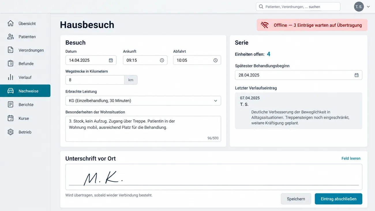Maske: Hausbesuch im Offline-Zustand mit dem Hinweis auf drei wartende Einträge, den Besuchsangaben von Ankunft und Abfahrt über die Wegstrecke bis zu erbrachter Leistung und Wohnsituation, der Serie mit offenen Einheiten und letztem Verlaufseintrag und der Unterschrift vor Ort